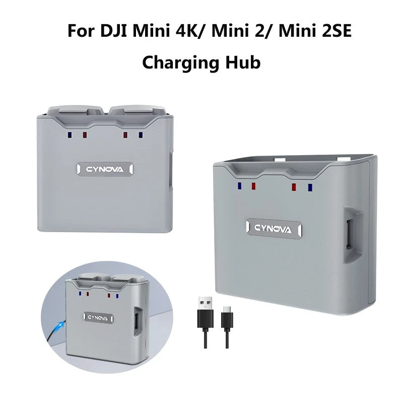 Drone battery charging hub, gray, with multi-port bays and CYNOVA logo