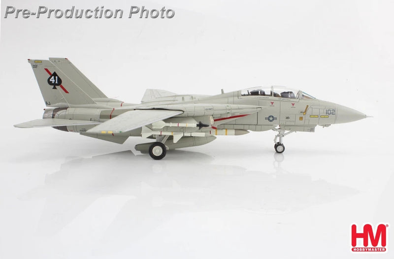 Hobby Master F-14A model fighter jet, light gray with VF-41 markings, front-side view.