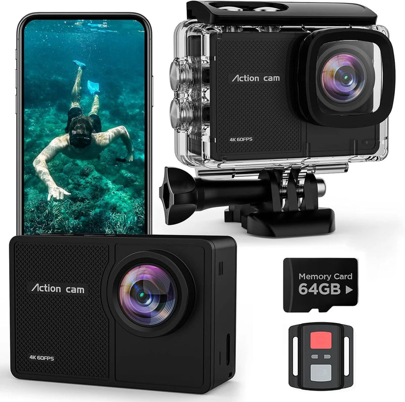 4K60Fps Action Camera - Waterproof Camera with 64G SD Card 48MP HD Wifi Camera w