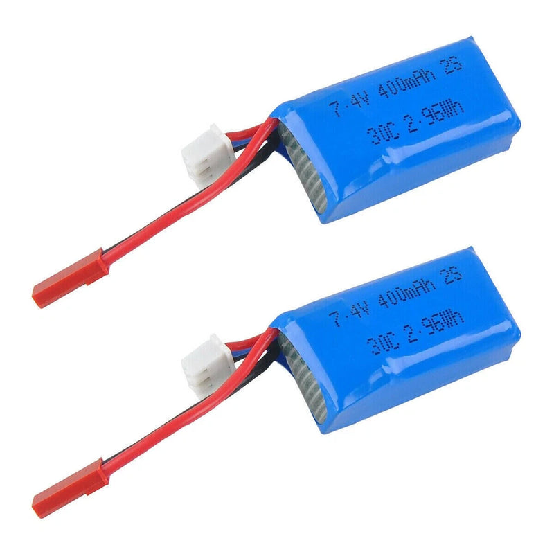Two 7.4V 400mAh 2S LiPo battery packs with JST plug and red leads