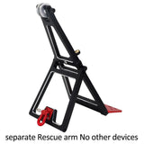 Black rescue truck crane arm with red winch hook and silver pulley