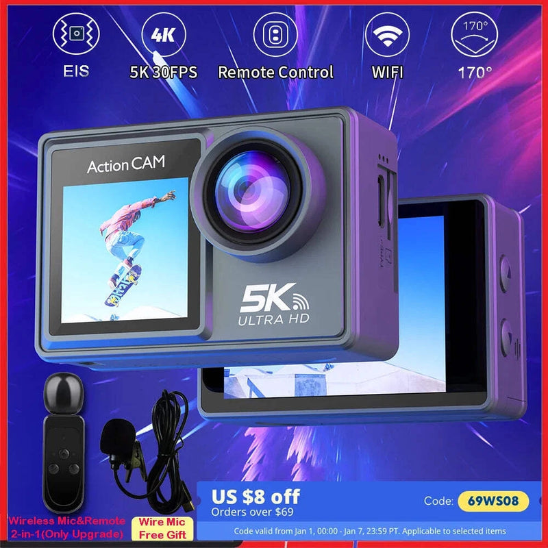 5K 4K60FPS Action Camera Dual IPS Touch LCD EIS 170?? DVR 30M Waterproof 5X Zoom