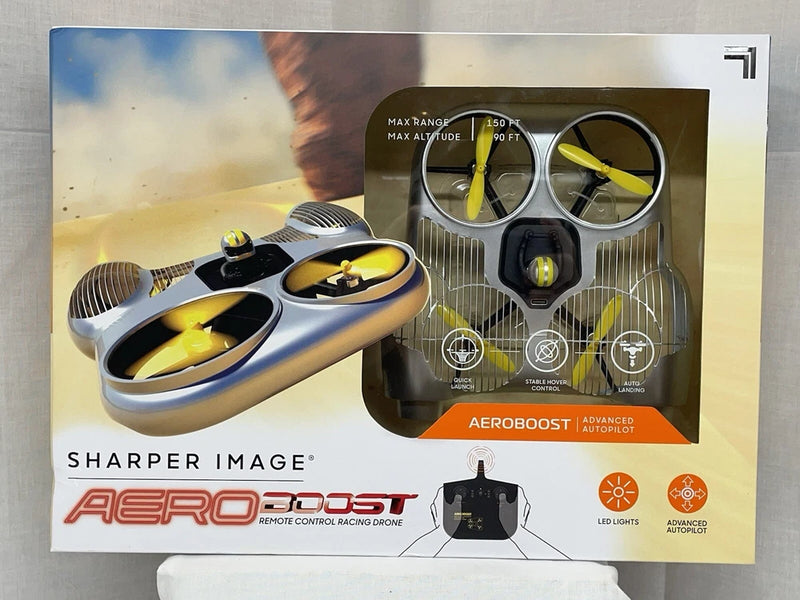 Sharper Image Aeroboost RC racing drone with autopilot, shown with controller on box