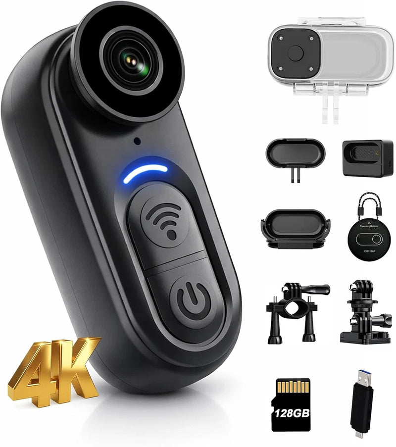 4K Mini Body Camera with 128GB, Waterproof, Hands-Free for Adventures