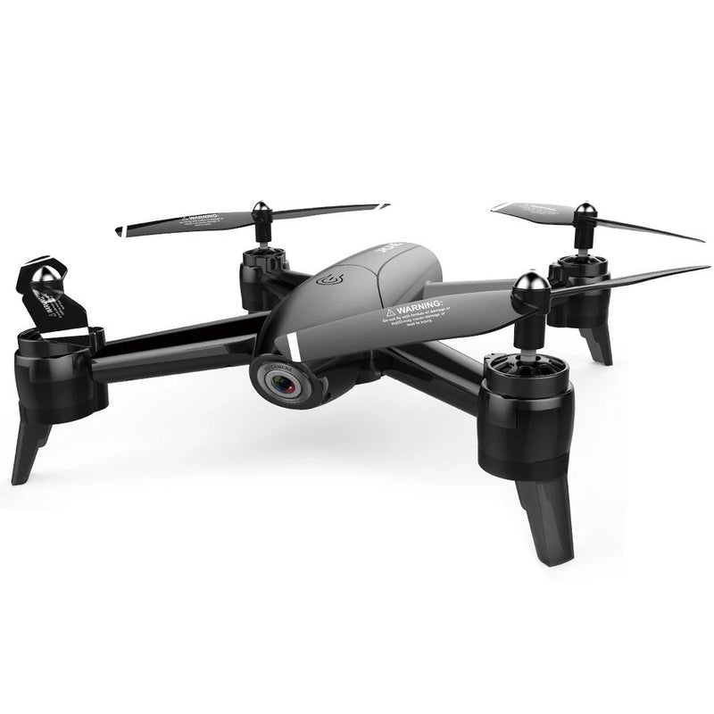Gray quadcopter drone with four rotors and front camera lens, fixed-height design