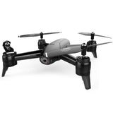Gray quadcopter drone with four rotors and front camera lens, fixed-height design