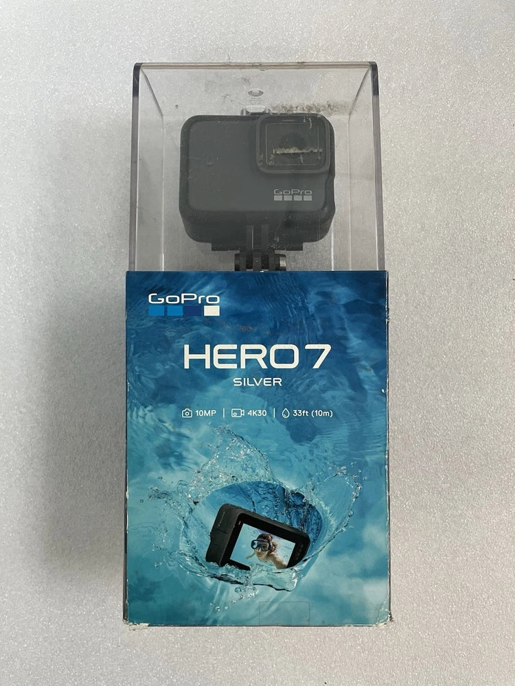 GoPro HERO7 Silver action camera and retail box, in clear plastic package