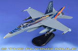 1:72 F/A-18A Hornet model airplane in gray on black display stand, angled view