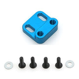 Blue metal servo mount base with two threaded holes, plus screws and washers