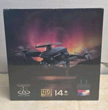 Black RC quadcopter drone with HD camera and remote controller, product box front