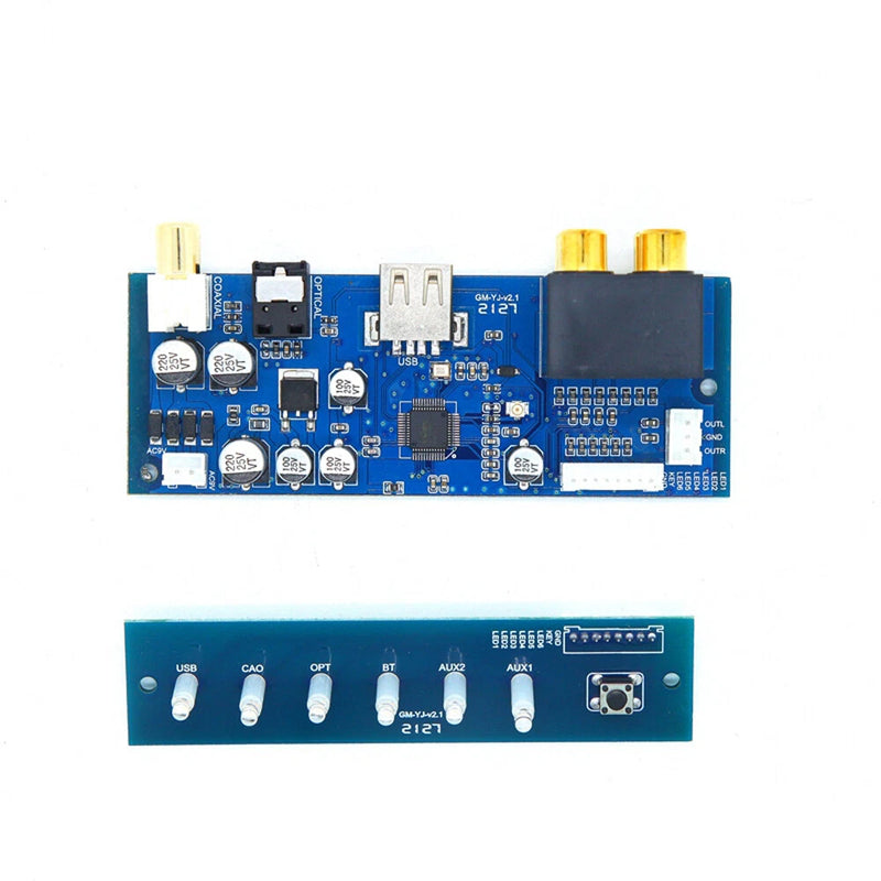 Blue DAC decoder board with USB, optical, coax inputs and gold pin terminals