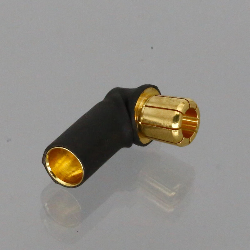 90-degree bullet adapter, 6.5mm female to 8mm male, black boot with gold connectors