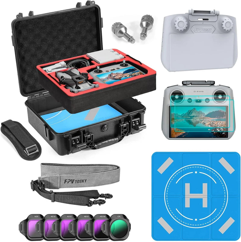 Hard-shell drone accessories case with foam inserts, straps, and camera filters