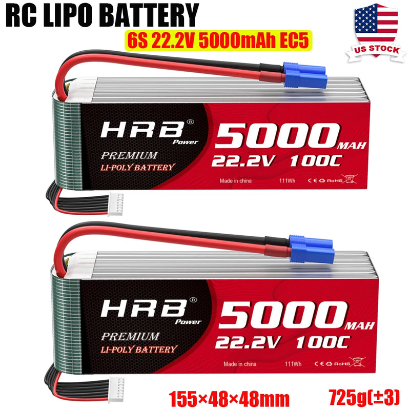 2pcs HRB 22.2V 6S 5000mAh LiPo Battery EC5 for RC Helicopter Airplane Truck Car Battery