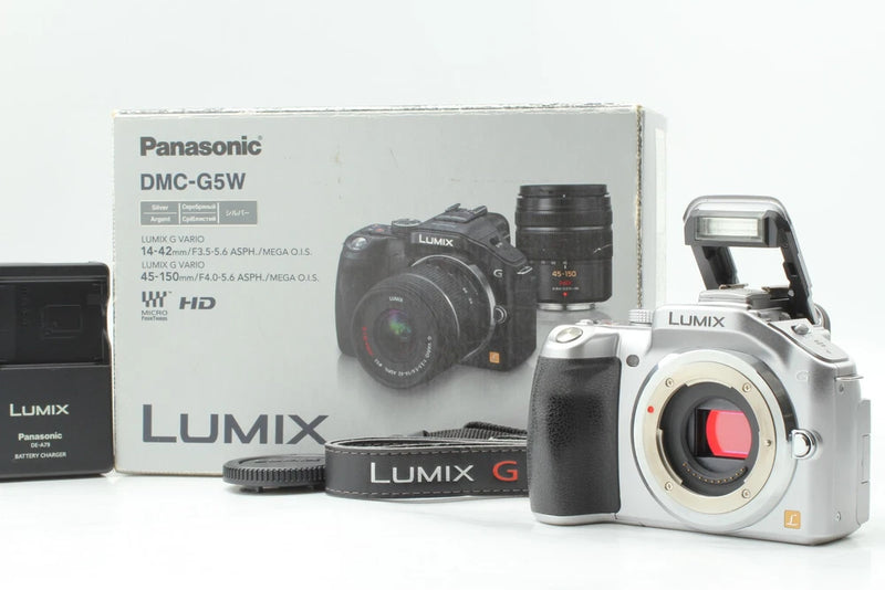 Panasonic LUMIX DMC-G5 mirrorless digital camera with lens and detachable flash