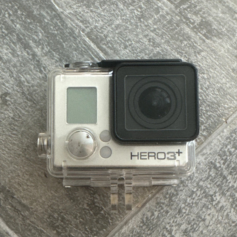 GoPro HERO3+ action camera in clear waterproof case with black front and HERO3+ label