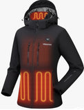 Lightweight heated jacket for women, black with hood and visible heating LED display