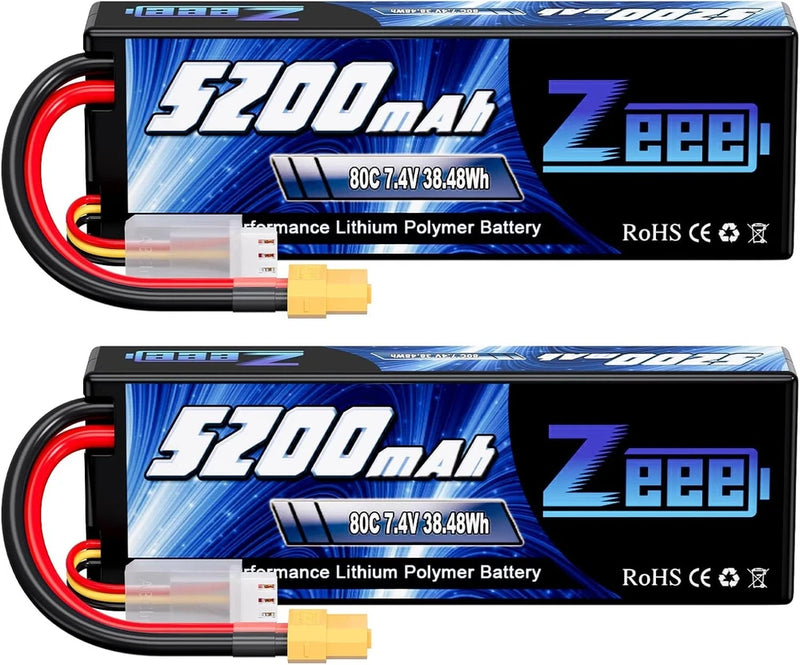 2S 5200mAh Lipo Battery 7.4V 80C Battery with XT60 Plug Hard Case for 1 8 1 10