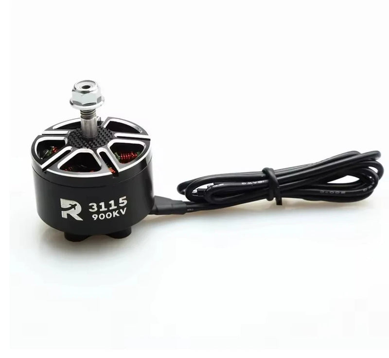 3115 900KV brushless drone motor with black body and attached wires