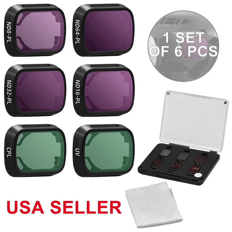 6-pack camera lens glass filters set with UV, CPL, and ND shades, in hard case