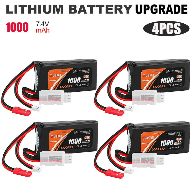 4Pcs 7.4V Lipo Battery 2S 1000mAh PH2.0&JST Plug for Axial SCX24 Lithium Battery