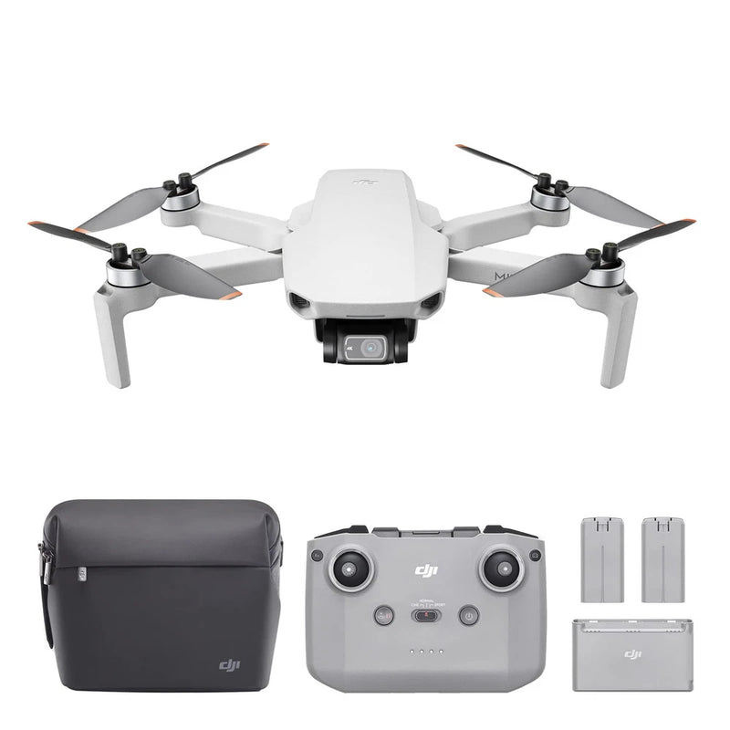 Foldable ultralight drone with controller, extra batteries, and carrying case.