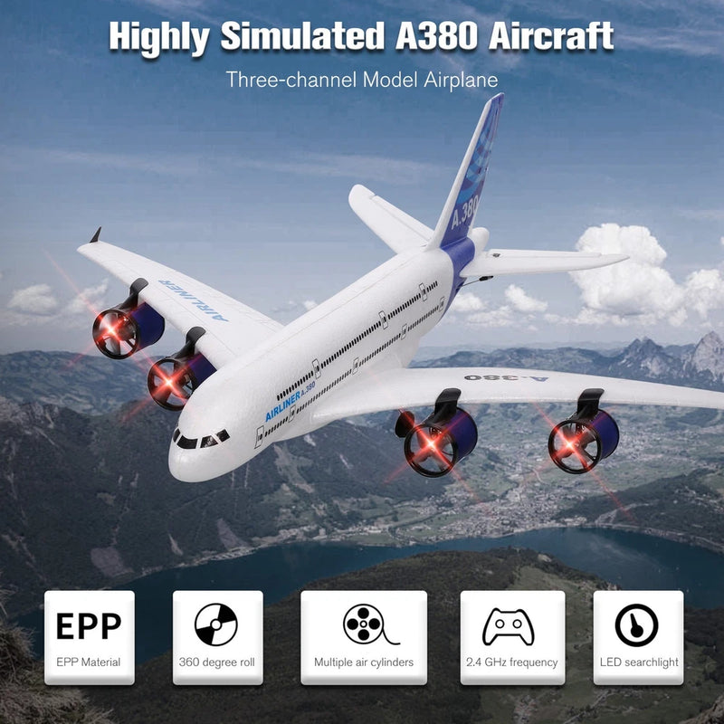 White EPP RC A380 airplane with red LED engine lights and swept wings