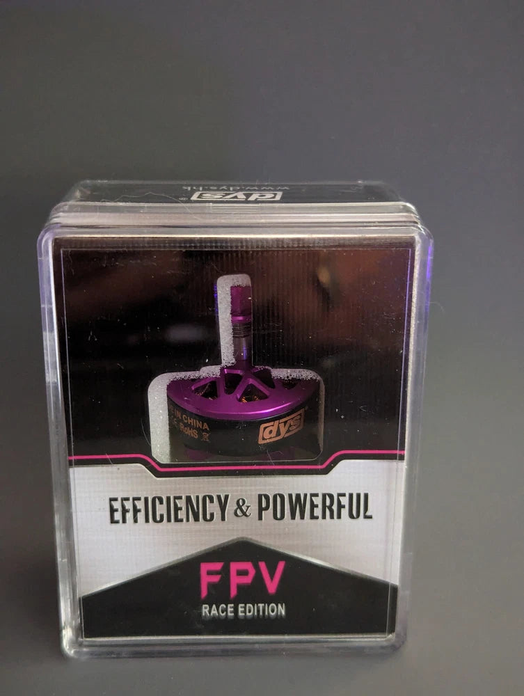 FPV Race Edition electric brushless motor in clear retail box, purple prop logo
