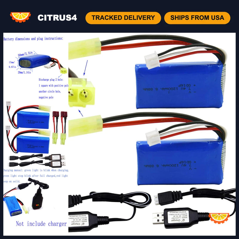 2 Pack 7.4V 1200mAh Li-PO Batteries & USB Charger for 1/18 Scale RC Trucks Battery