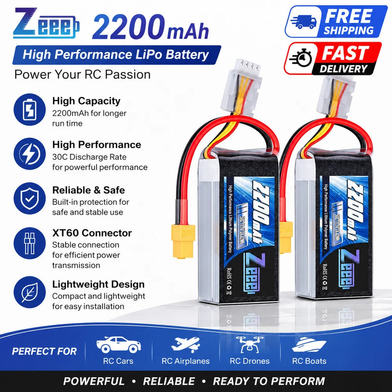 High-Performance 3S Lipo Battery 2200mAh 11.1V with XT60 Connector - 2 Pack Battery