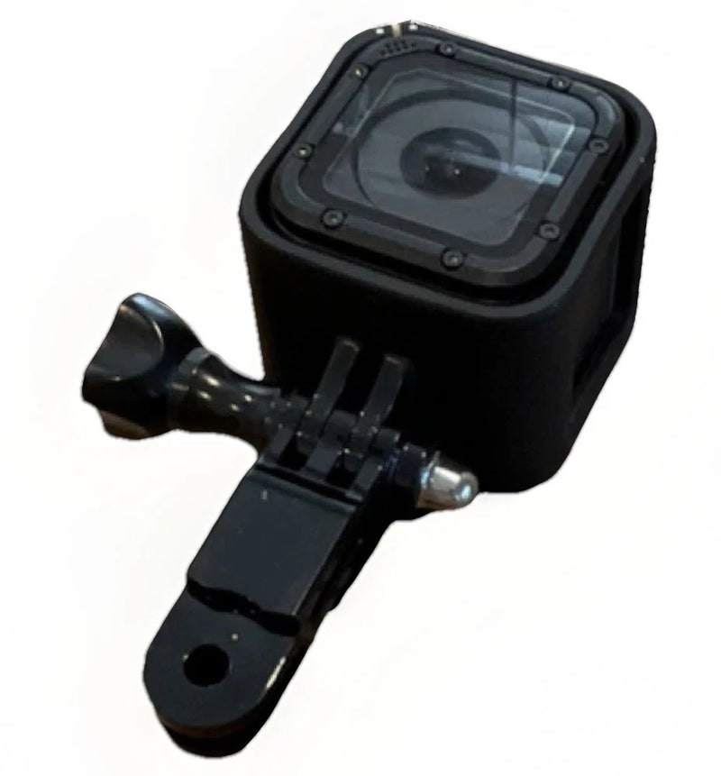 Black action camera with front lens and attached mounting bracket