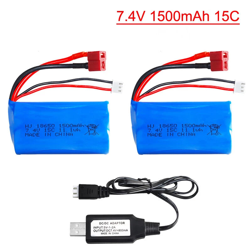 7.4V 1500mAh blue Li-ion battery pack with T-plug connector and charging adapter
