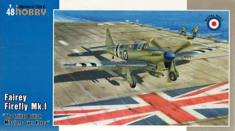 1/48 scale aircraft model of a green and blue single-engine British fighter in flight