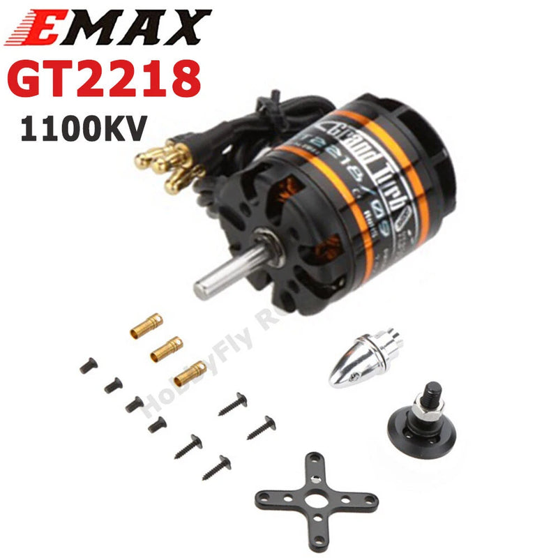 Brushless RC motor with silver shaft, black body and orange label, includes mounting parts
