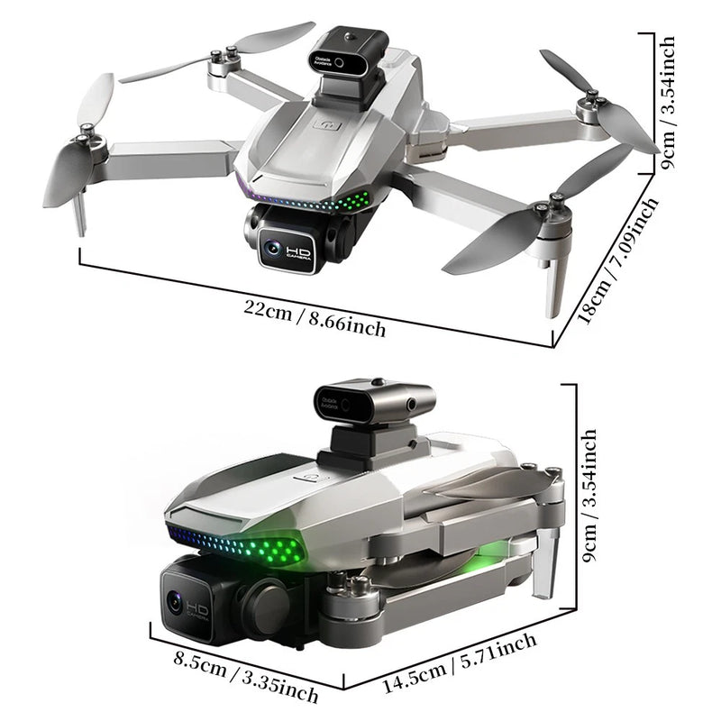 White foldable quadcopter drone with front HD camera and green LED lights