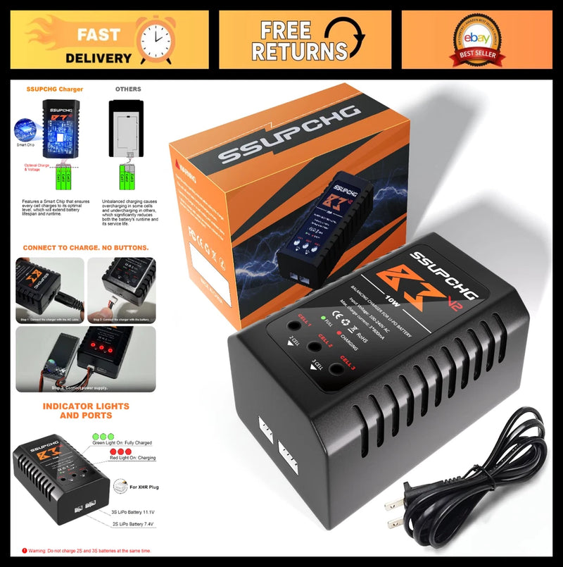 LiPo Battery Charger for 2S 3S, Balance Charger with Smart Chip for RC Models & Battery