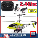 Yellow mini RC helicopter toy with 2.4GHz remote, four-blade rotor