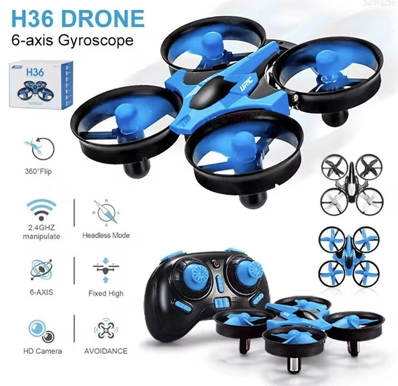 Mini quadcopter toy drone with four blue propellers and black body, plus controller