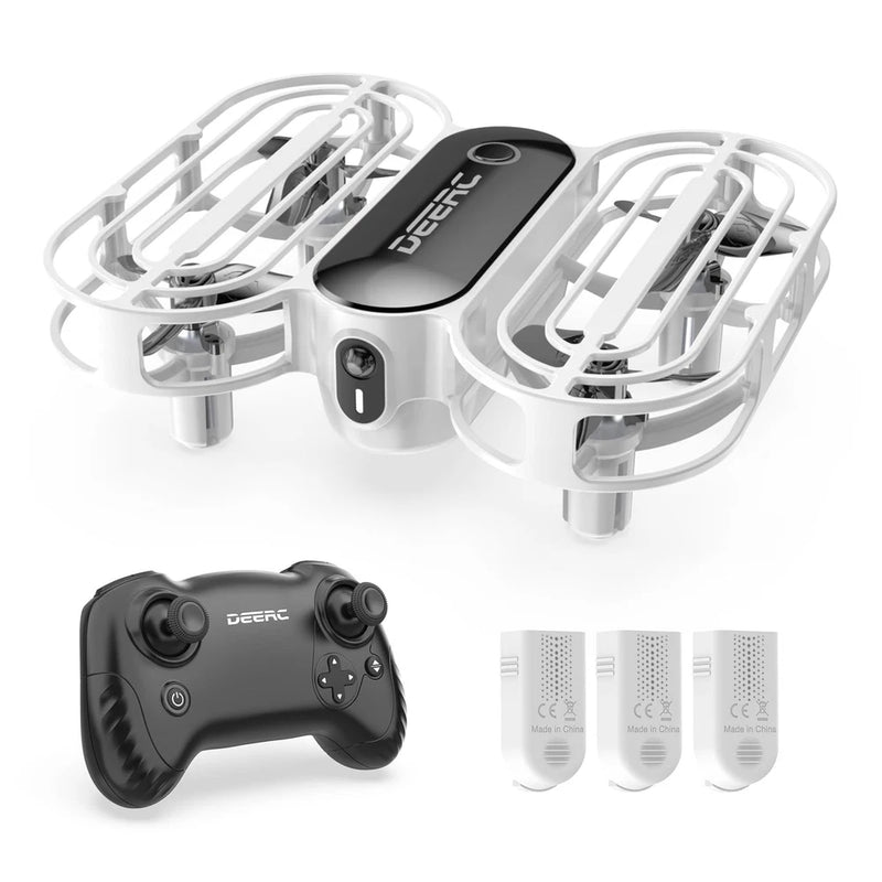 Foldable drone with white propeller guard, black controller, and three battery packs