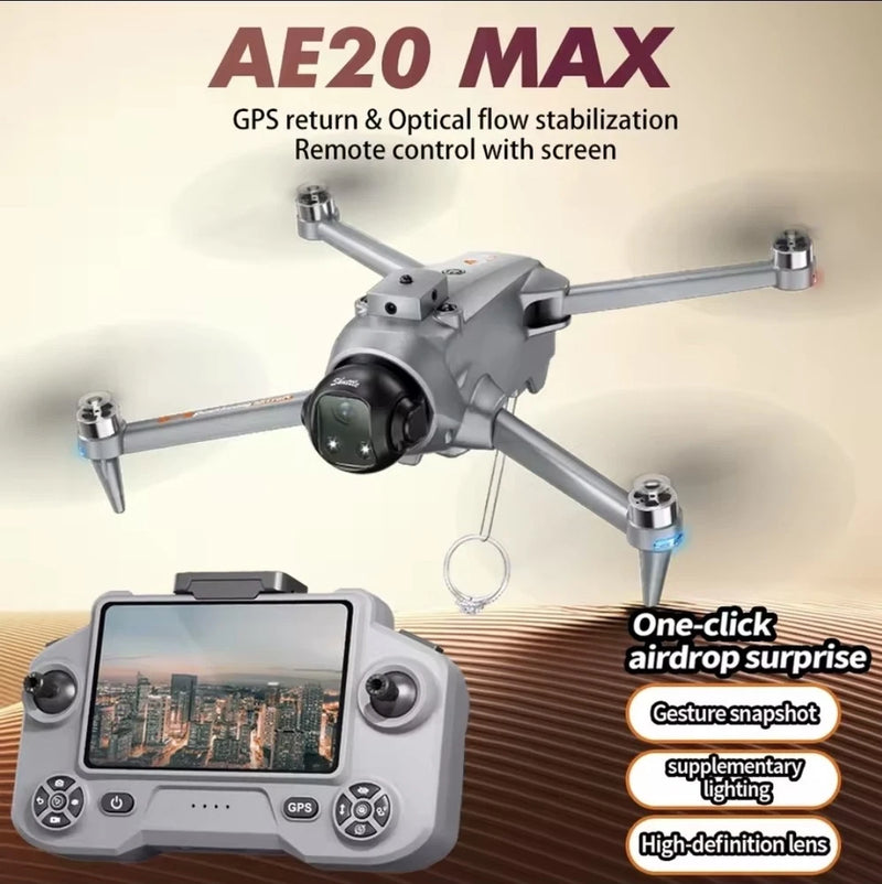 Silver GPS drone with obstacle sensing, four rotors, and remote controller