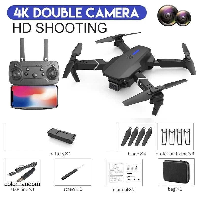 Foldable FPV quadcopter drone with dual 4K cameras and Wi-Fi, plus handheld controller