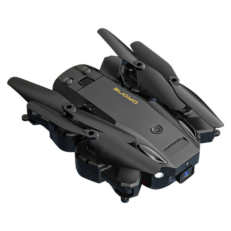 Dark mini quadcopter drone with front camera and four propellers
