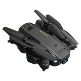 Dark mini quadcopter drone with front camera and four propellers