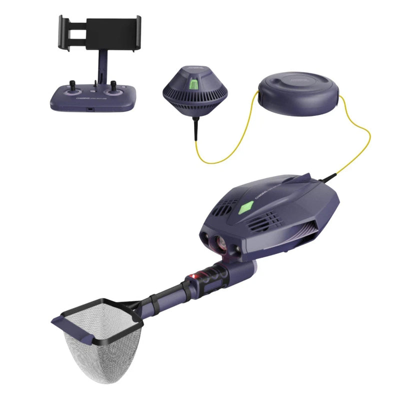 Underwater treasure exploration drone kit with handheld drone, net scoop, and control cable.