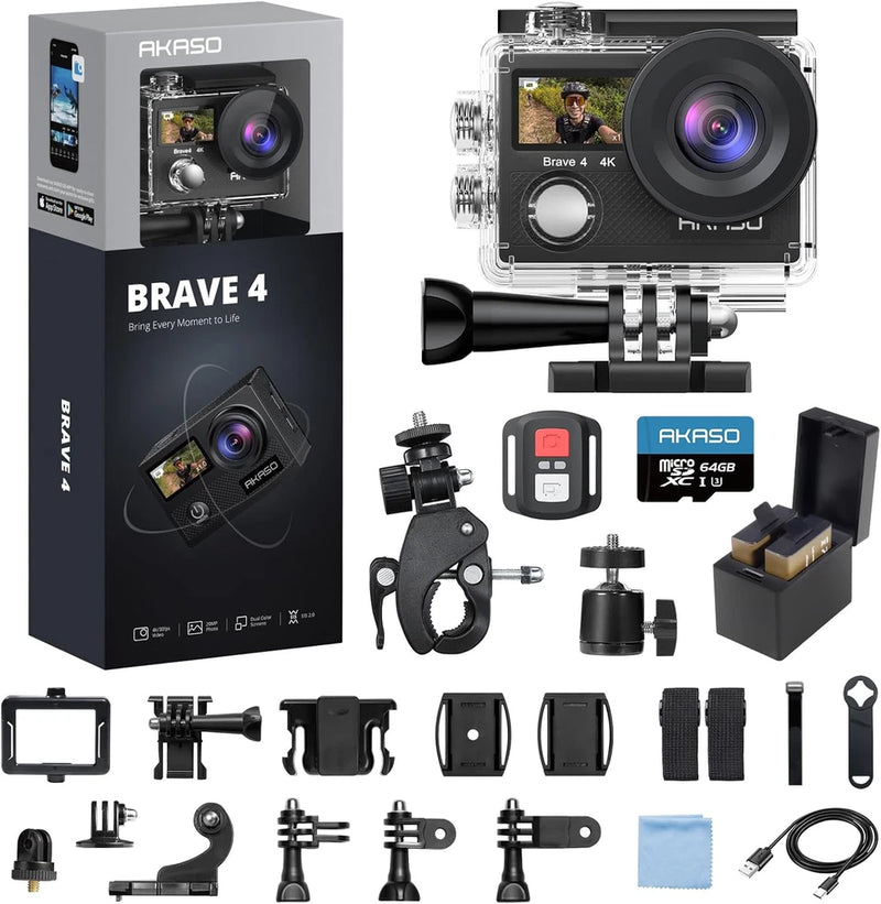 Brave 4 Action Camera 4K 30Fps with 64GB Microsd U3 Card Bicycle Helmet Accessor