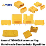 Amass XT120 60A lipo connector plug set, male and female sheathed signal pins, yellow