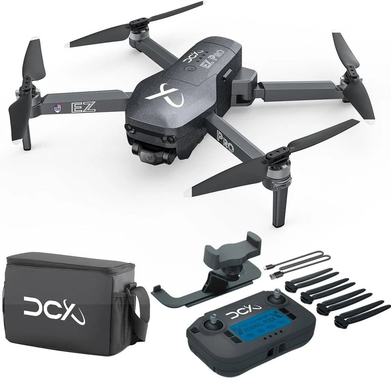 EZ Pro 4K drone with 4 propellers, controller, and padded carrying case
