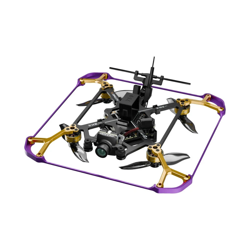 Micro FPV drone with purple frame, gold arms, front camera and four propellers