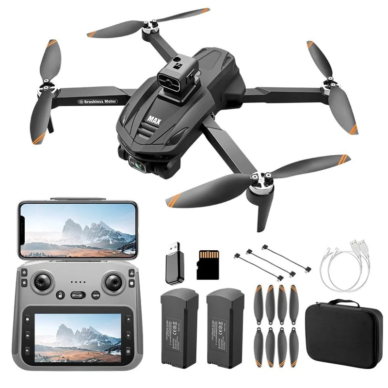 Gray GPS quadcopter drone with foldable propellers, plus remote controller and accessory set