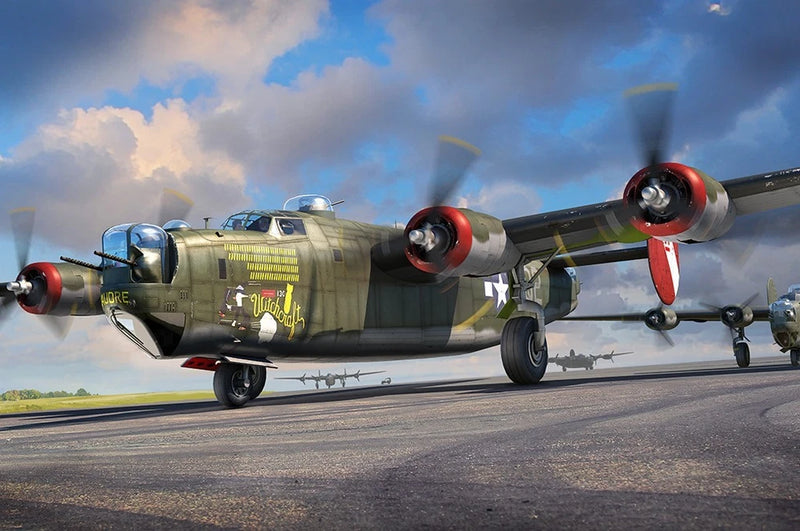 HobbyBoss four-engine bomber model aircraft in olive green with red engine nacelles